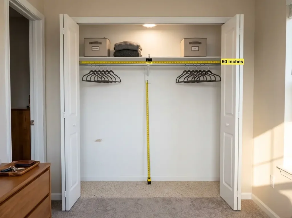 Overhead diagram view of a 60-inch reach-in closet divided into two 30-inch sections with measurement tape