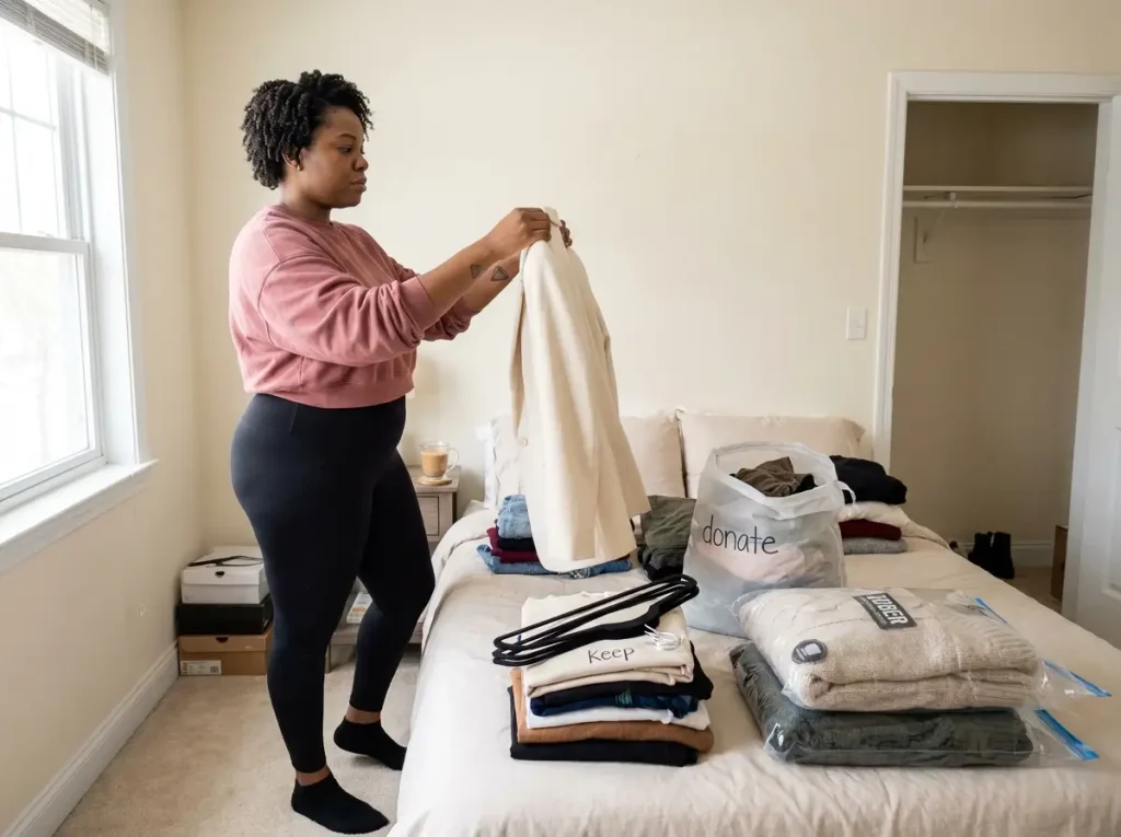 Nigerian woman with cropped afro sorting clothes on bed before shared closet reorganization