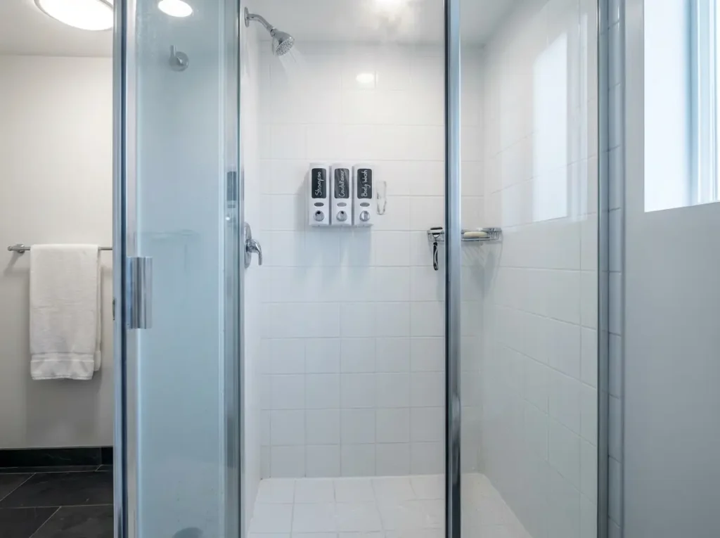 Small shower with wall-mounted dispensers and minimalist caddy organization