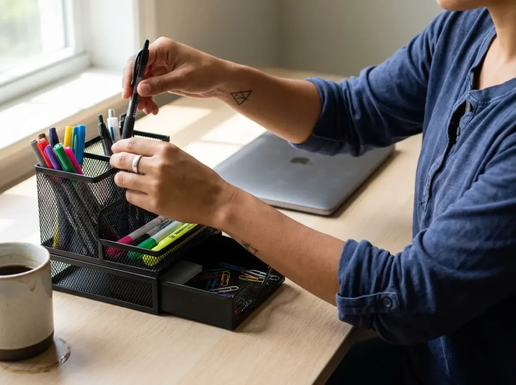 Italian American woman's hands placing a pen into a SimpleHouseware mesh desk organizer on light wood desk