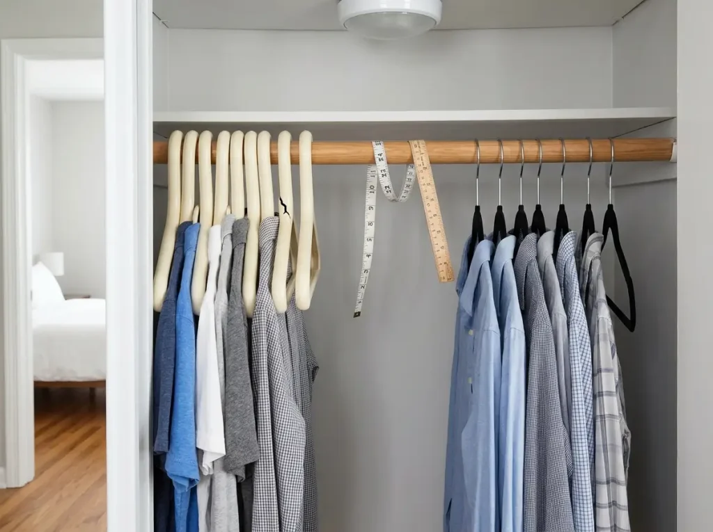 5 Slim Hangers Tested — One Freed 11 Inches of Rod 1 Side-by-side closet rod comparison showing bulky plastic hangers versus slim velvet hangers and reclaimed space