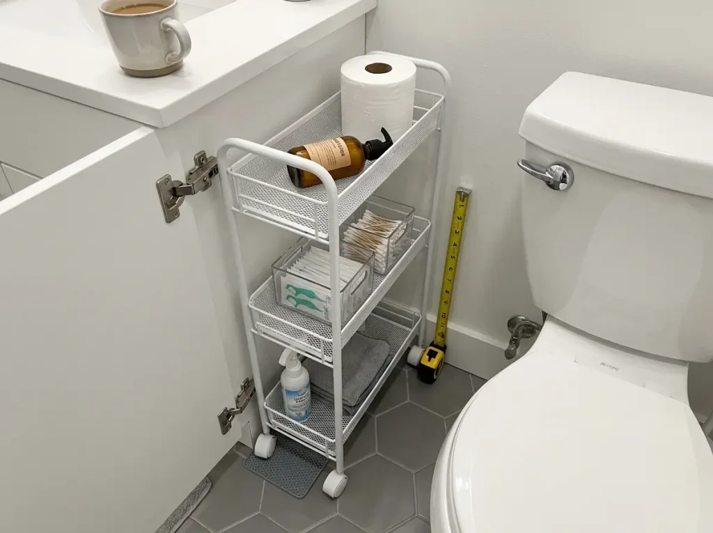 Slim 7-inch rolling storage cart tucked in the gap between a toilet and bathroom vanity, organized with clear bins and daily essentials