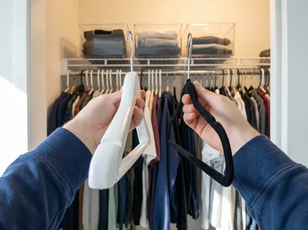 Too Many Clothes? How to Organize a Closet That Stays Neat 5 Hand holding slim velvet hanger next to bulky plastic hanger showing thickness difference