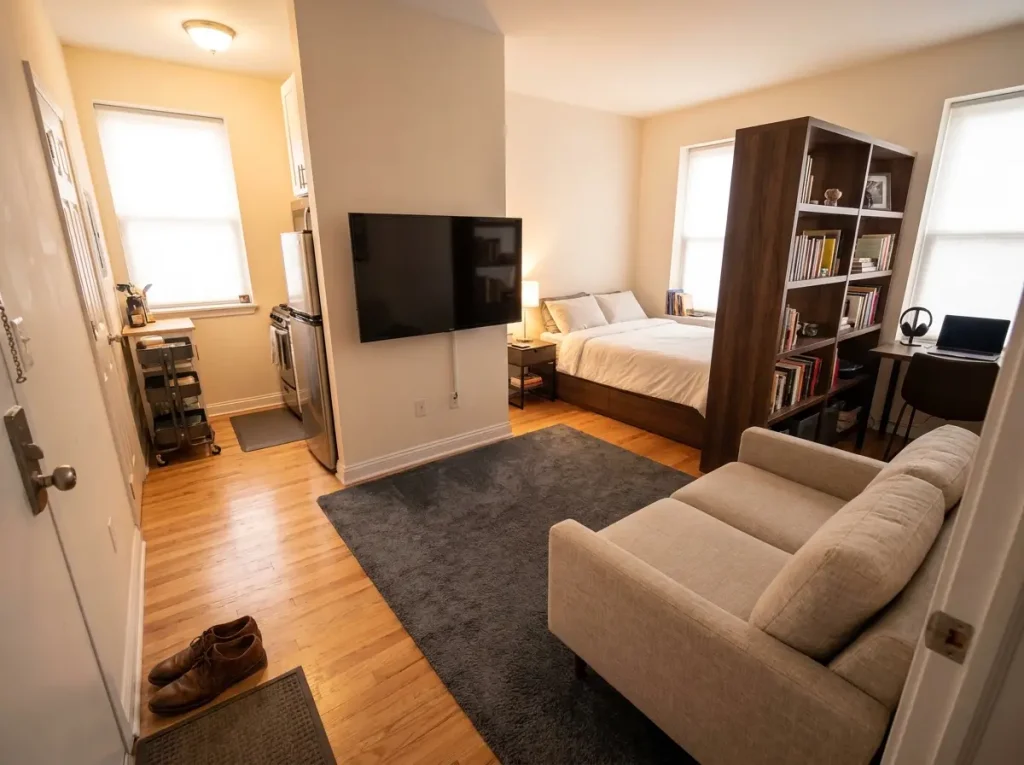 Small studio apartment with activity zones defined by a large area rug and a bookcase divider