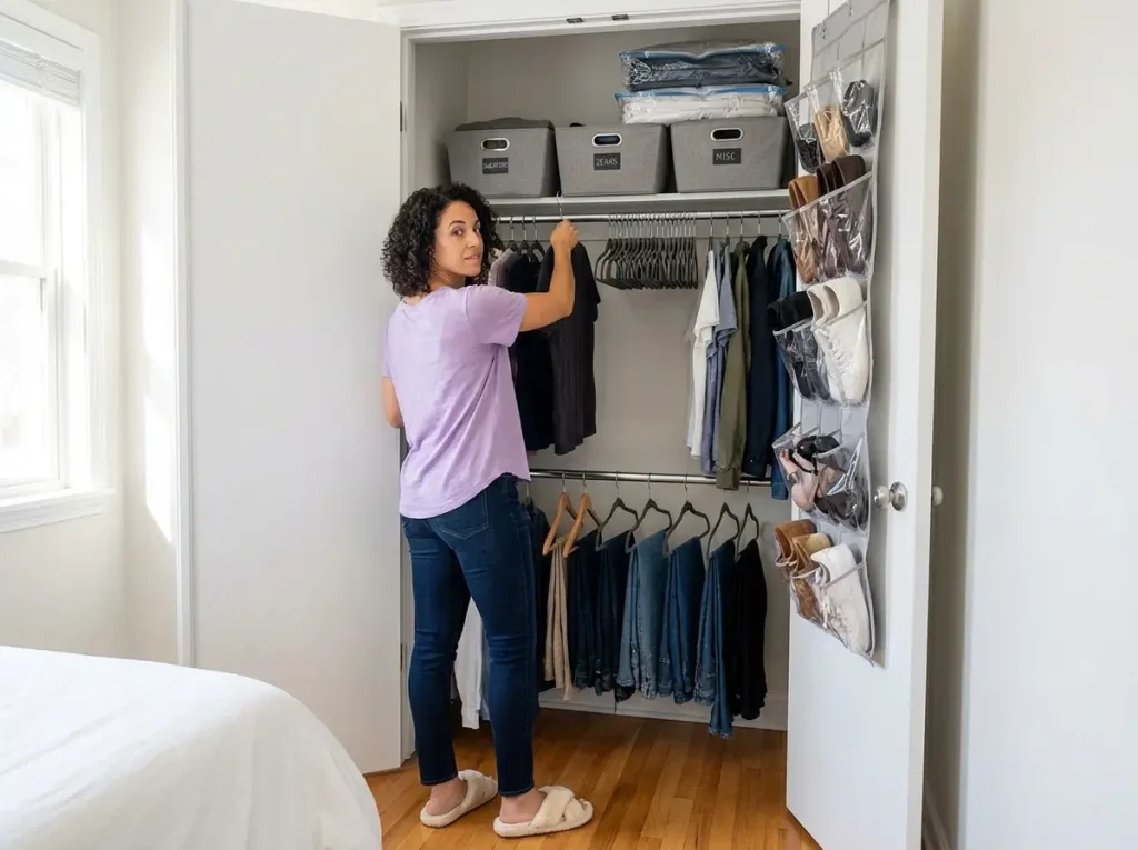 Greek woman organizing small apartment closet with double rod and velvet hangers