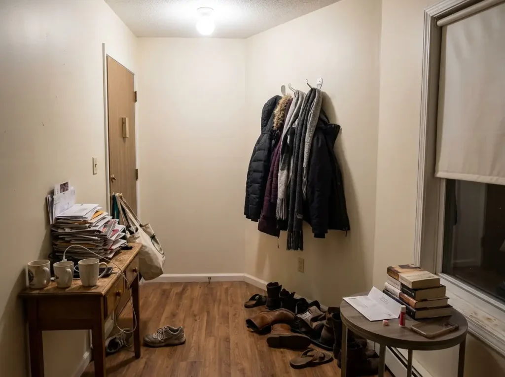 Cluttered small apartment corner with items piled on surfaces and no clear storage system