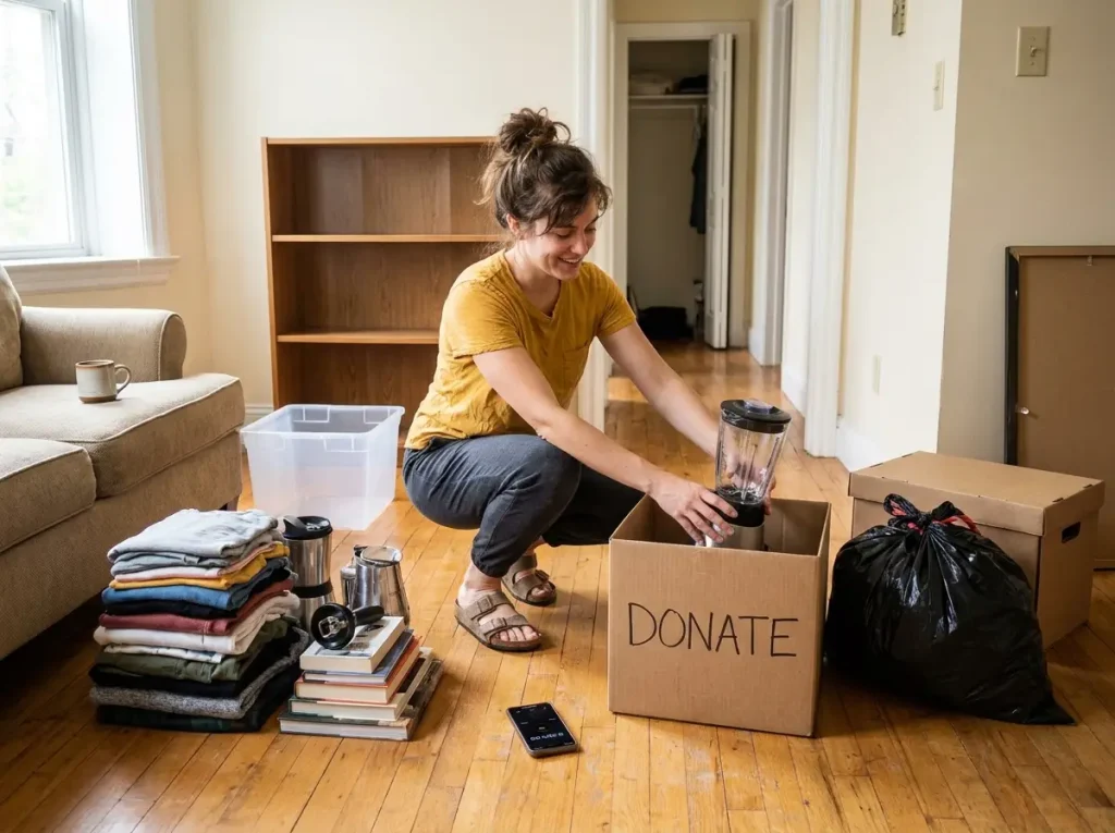Woman sorting belongings into keep-donate-toss piles on apartment floor before organizing