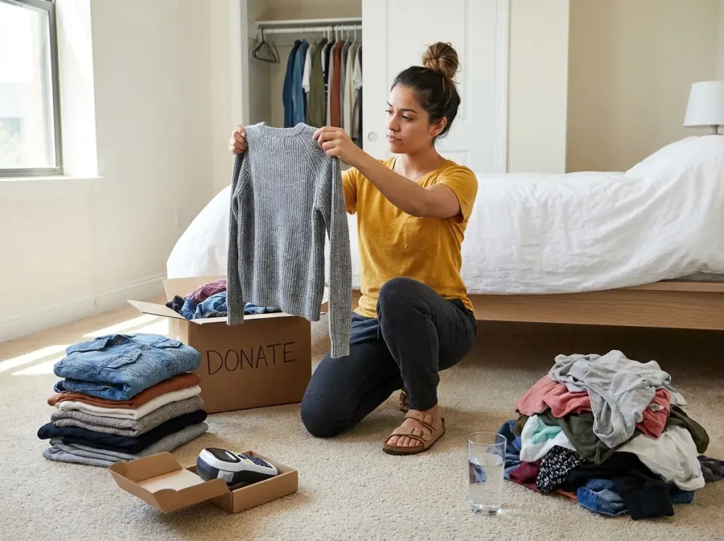 Woman sorting belongings into piles on apartment floor during a declutter session