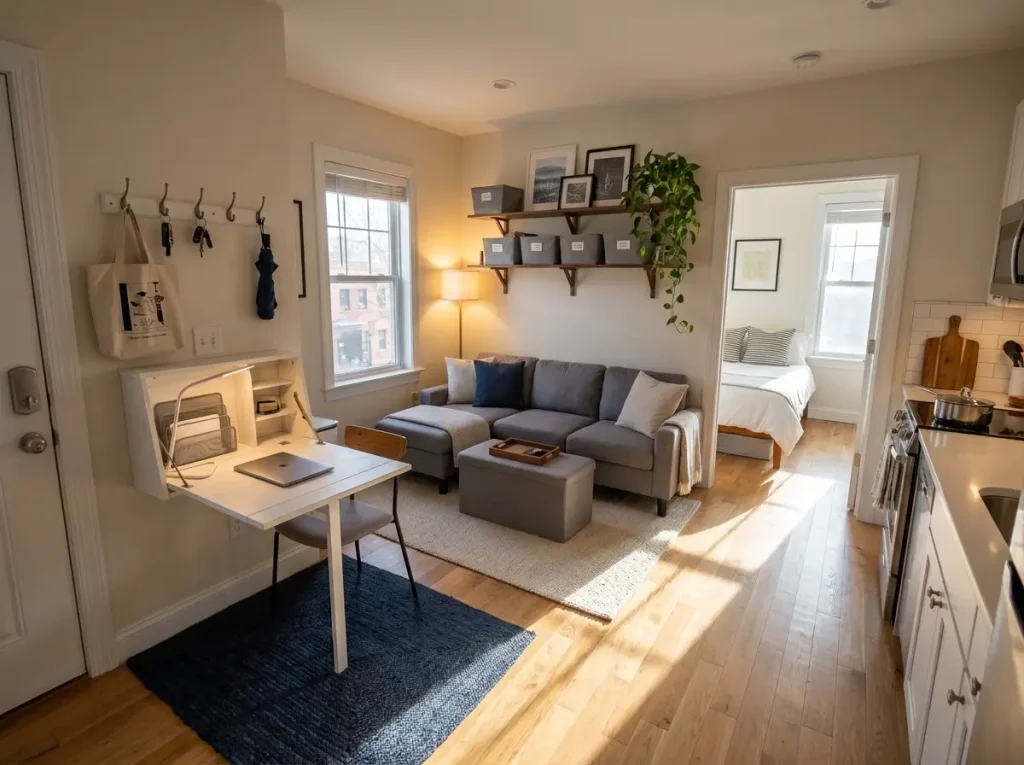 Small apartment living room organized into distinct function zones with rug, shelving, and desk area