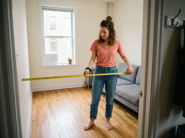 Woman measuring small apartment living room before arranging furniture layout