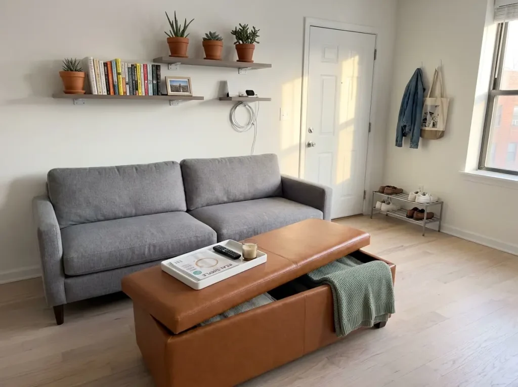 small apartment living room with SONGMICS storage ottoman as coffee table and no-drill floating shelves above sofa