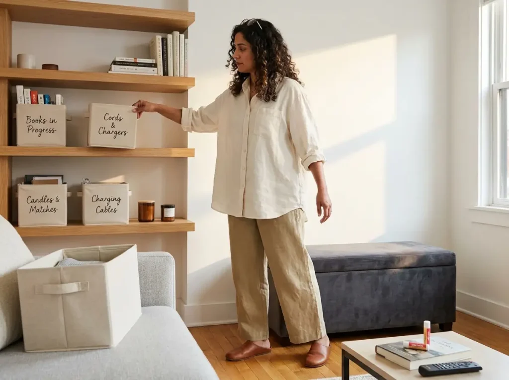 Woman doing a quick apartment reset, placing labeled bins back on shelves in organized living space