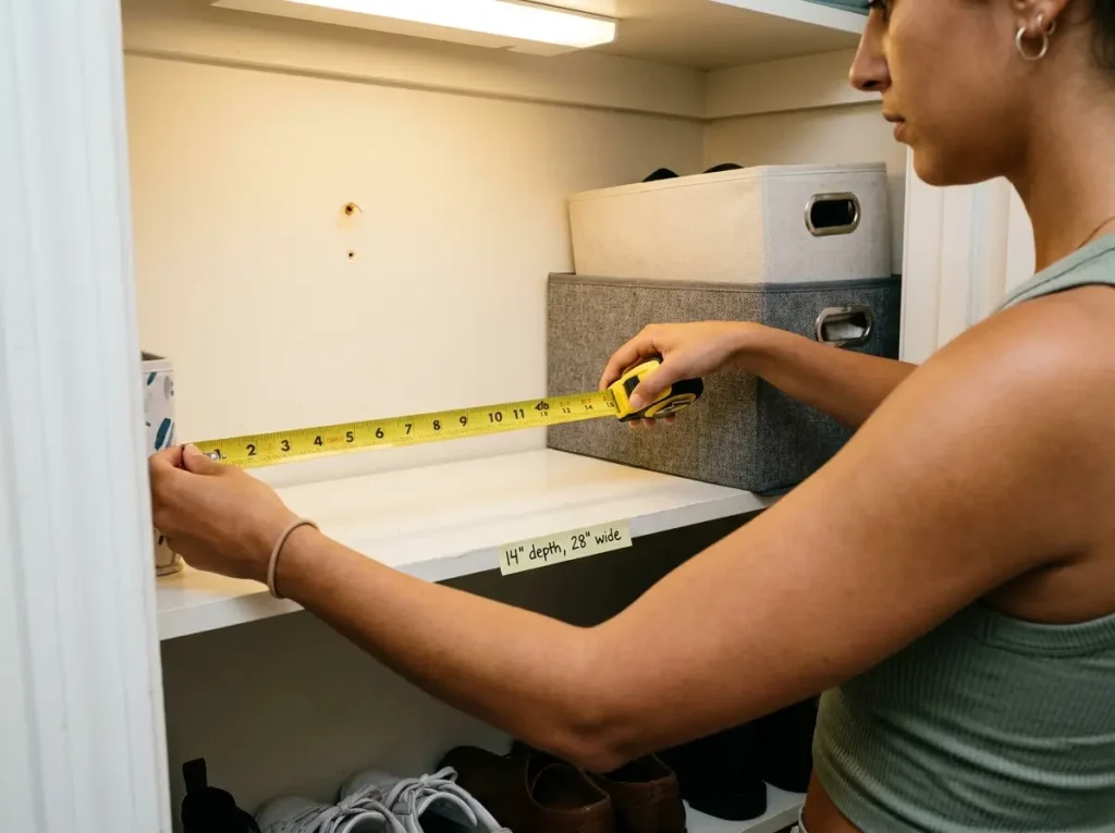 Close-up of hands measuring a closet shelf depth with a tape measure in a small apartment