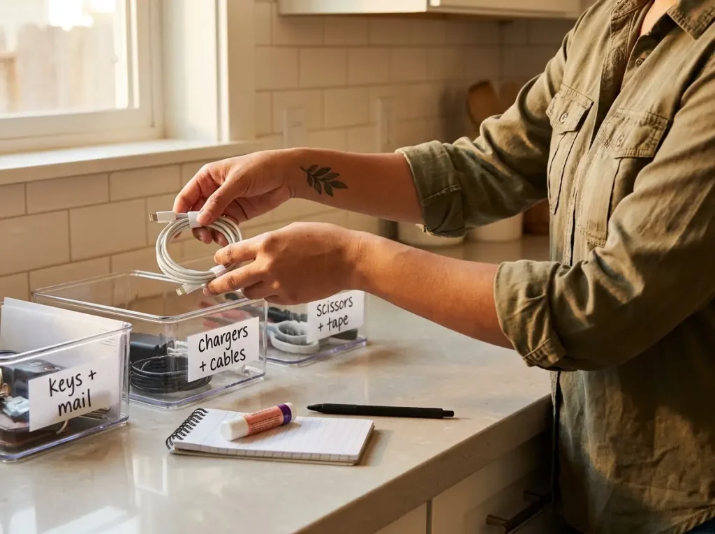 Close-up of hands returning a small item to a labeled bin on a kitchen counter during a monthly apartment reset