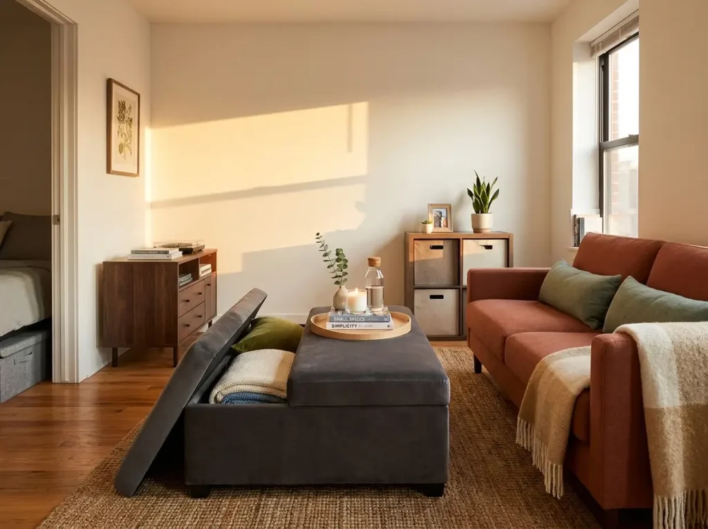 Small apartment living room with storage ottoman as coffee table and beds with under-bed drawers