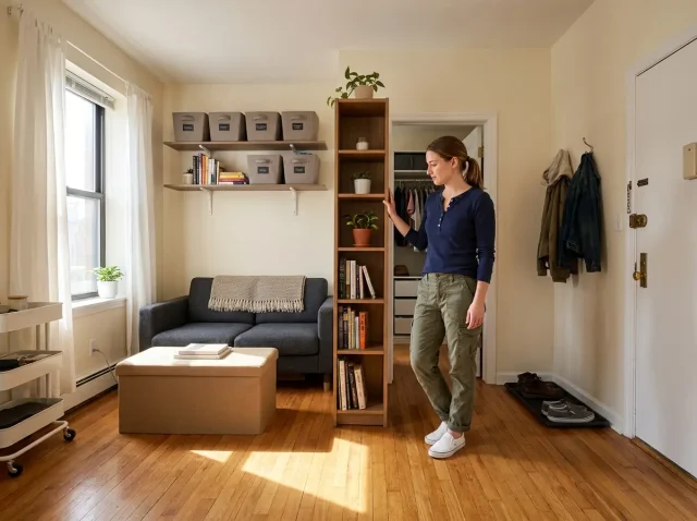 Woman surveying her organized small apartment living room with clear storage bins and vertical shelving