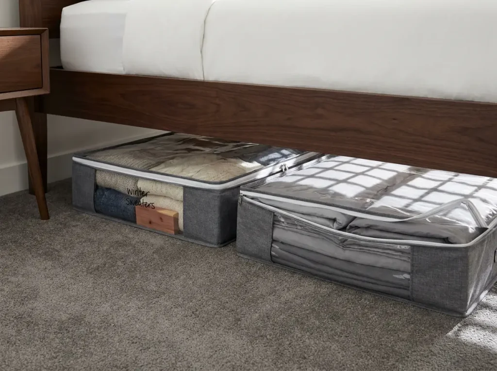 Under a bed in a small apartment showing flat storage containers fully organized with labeled sections