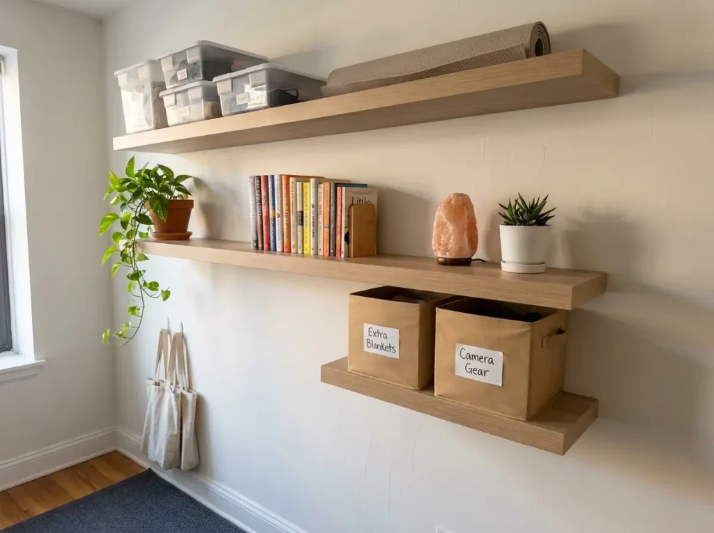 Small apartment wall with floating shelves holding labeled bins, plants, and books above the sofa