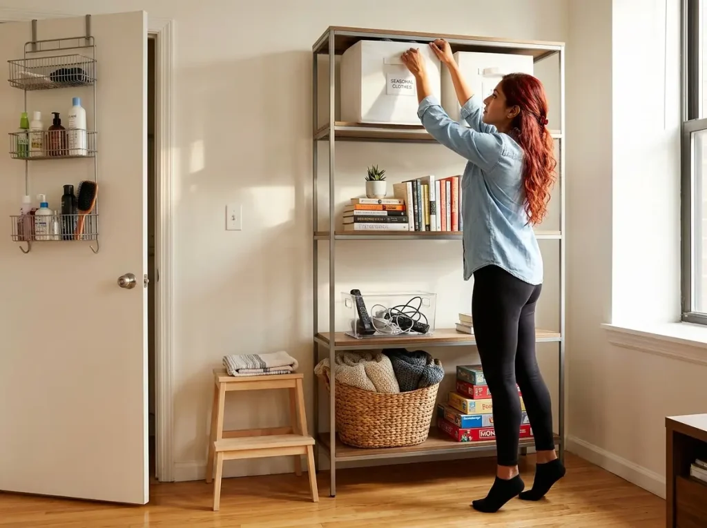 South Asian American woman reaching for a labeled bin on a high shelf in a small apartment with floor-to-ceiling shelving
