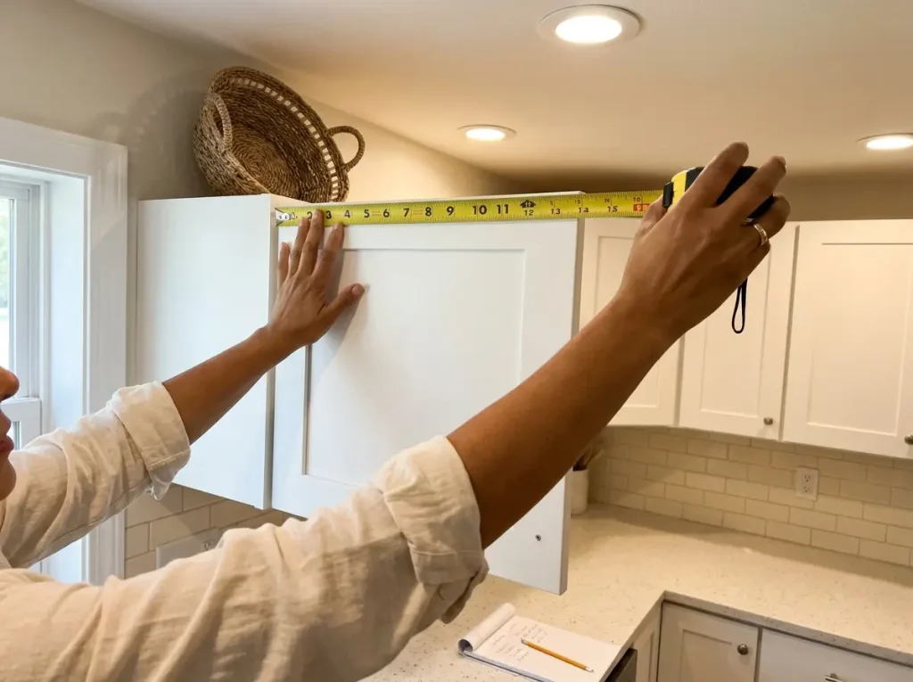 Hands measuring gap above kitchen cabinet with tape measure to plan vertical storage shelf