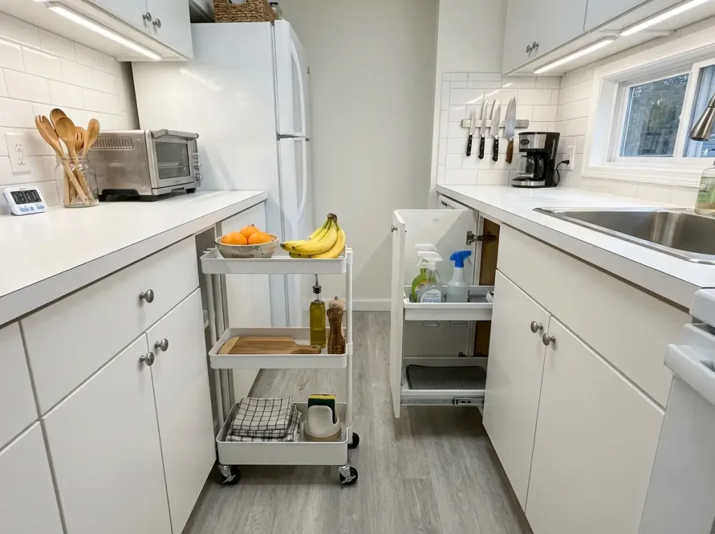 Small apartment kitchen with slim rolling cart in gap beside cabinets and organized under-sink cabinet
