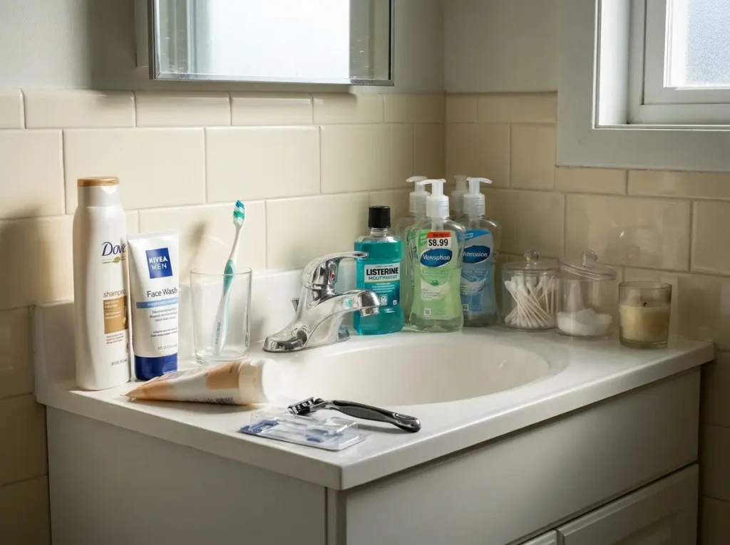 Cluttered small bathroom counter showing the counter trap — daily items mixed with backstock bottles and no organization system