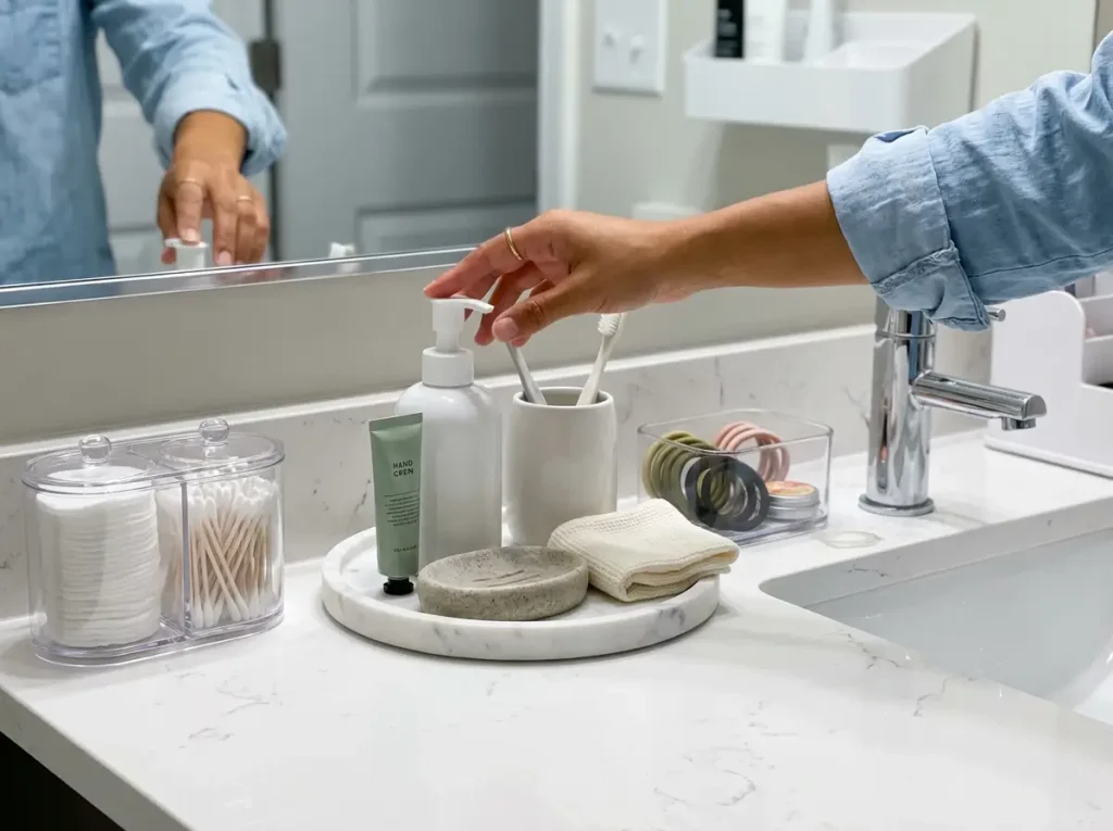 Hand reaching for face wash on an organized bathroom counter with a tray and clear bins, one-tray rule in action