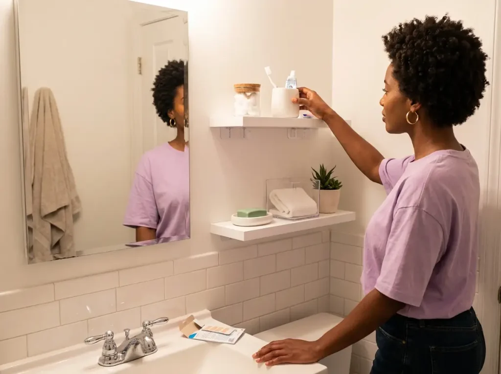 African American woman reaching for a floating shelf beside the bathroom mirror, organized with small bins and containers