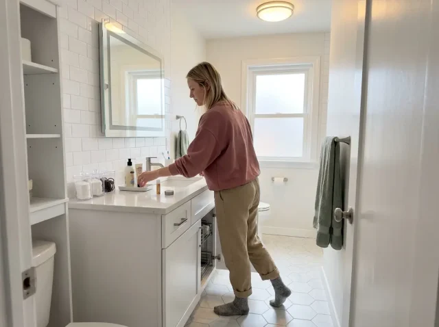 Woman organizing a small bathroom counter with labeled bins and a tray system in a compact rental bathroom