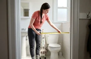 Why Small Bathroom Storage Gets Messy Again Woman measuring small bathroom storage space beside toilet with tape measure