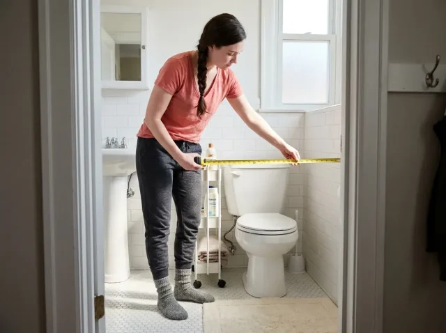 Woman measuring small bathroom storage space beside toilet with tape measure