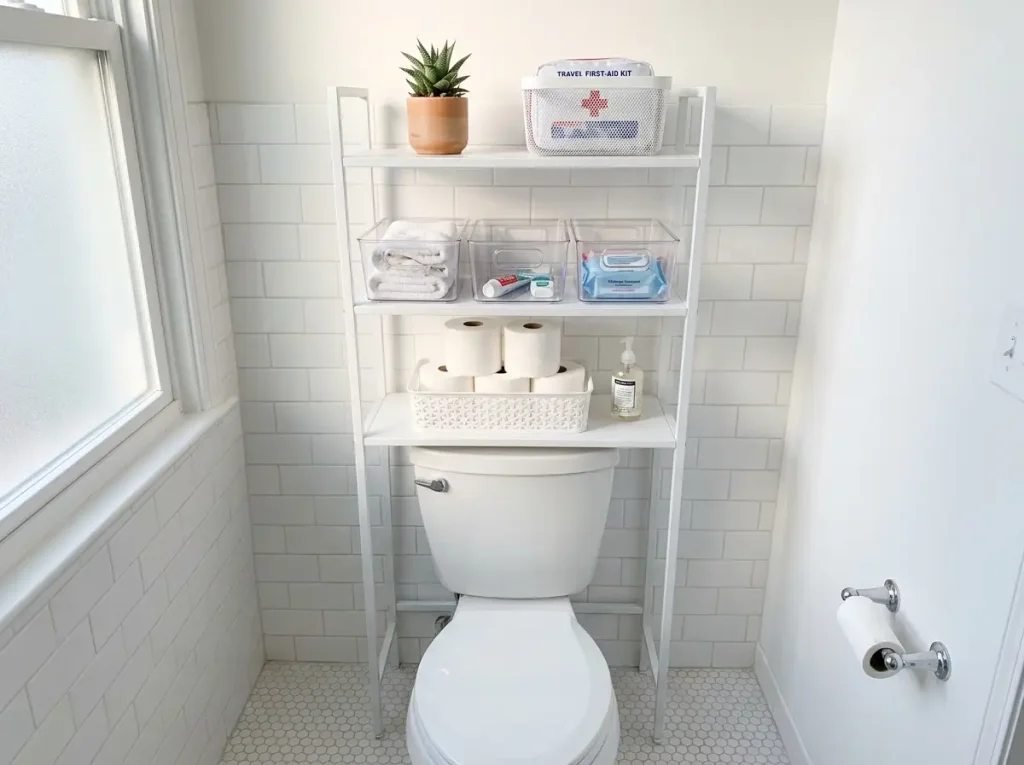 UTEX 3-tier over-toilet storage shelf organized with backstock supplies in a small white bathroom