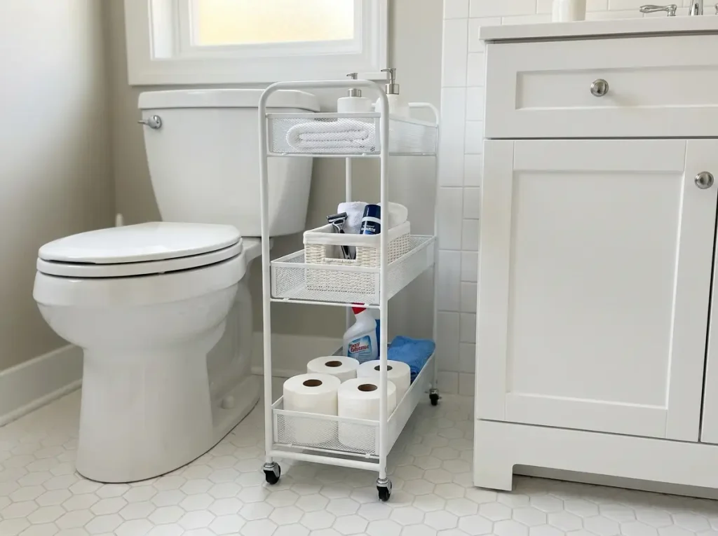 Slim white rolling cart in 7-inch gap between toilet and bathroom vanity, three tiers organized with bathroom supplies