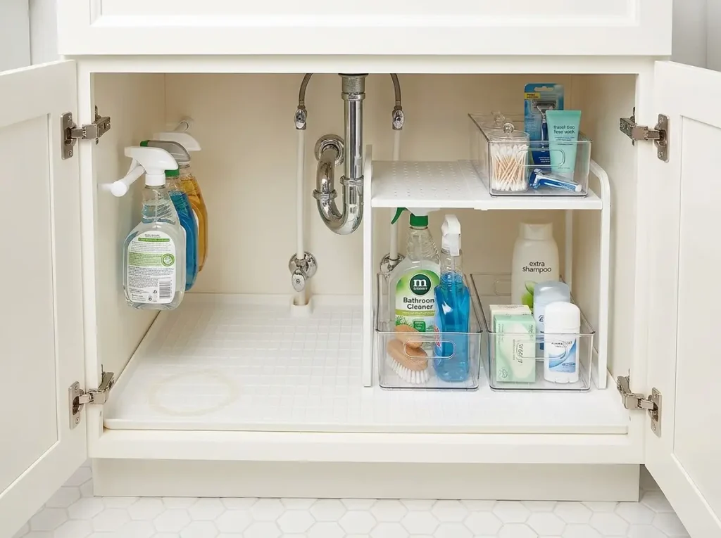 Organized under-bathroom-sink cabinet with expandable shelf around P-trap, bins, and a silicone drip mat