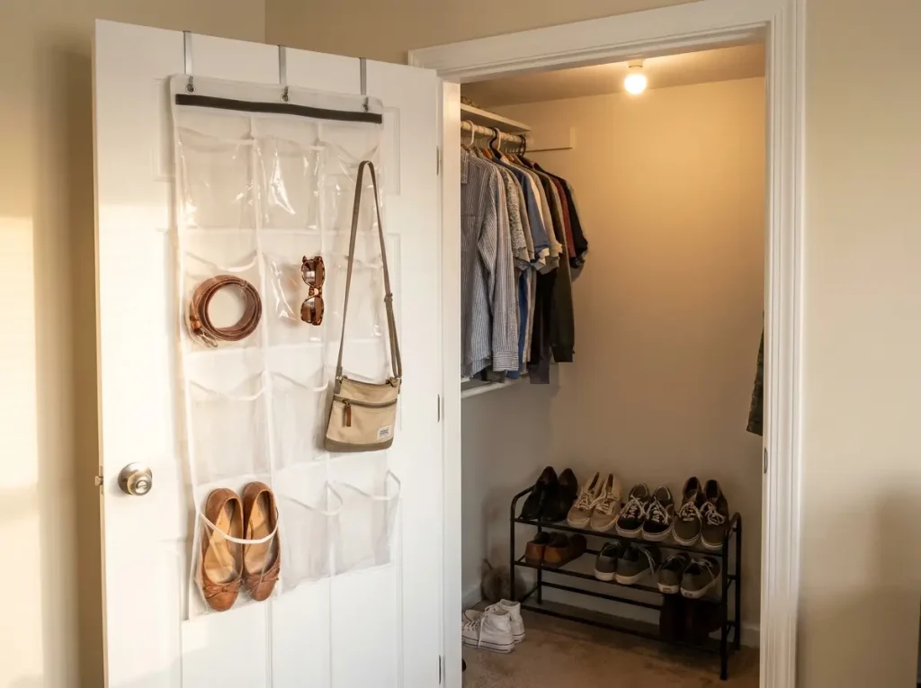 Over-the-door shoe organizer on closet door with shoe rack on closet floor