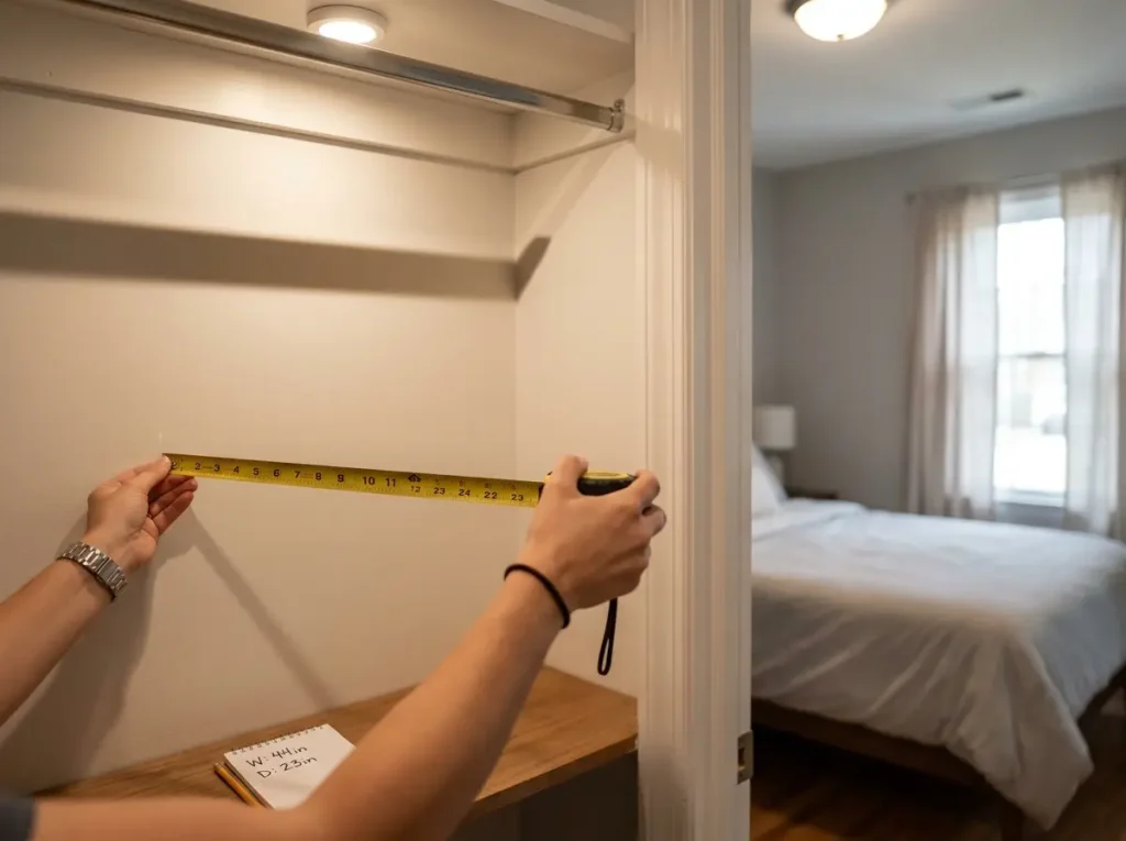 Hands holding tape measure inside small closet measuring depth from back wall