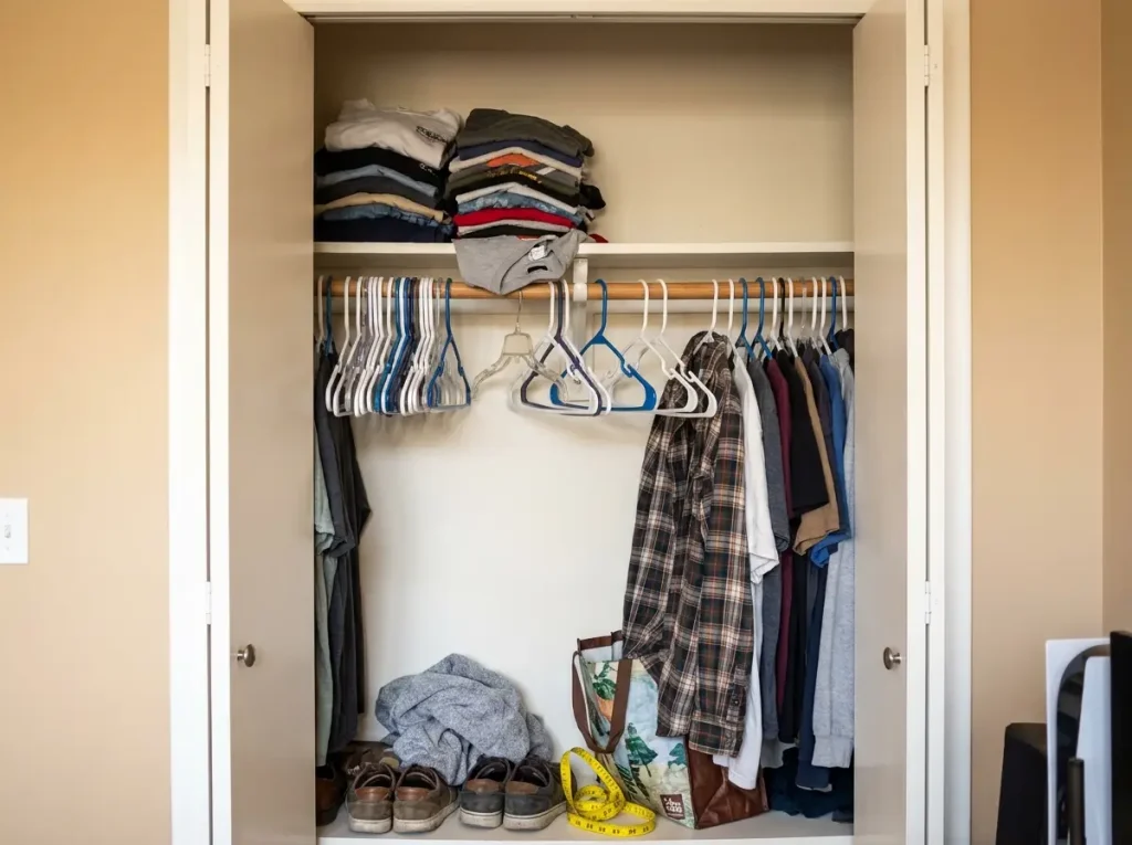 Messy small closet with thick plastic hangers crowded rod and clothes on floor