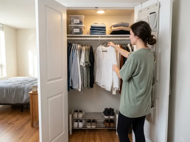 Small closet organized with slim velvet hangers shelf dividers and labeled bins