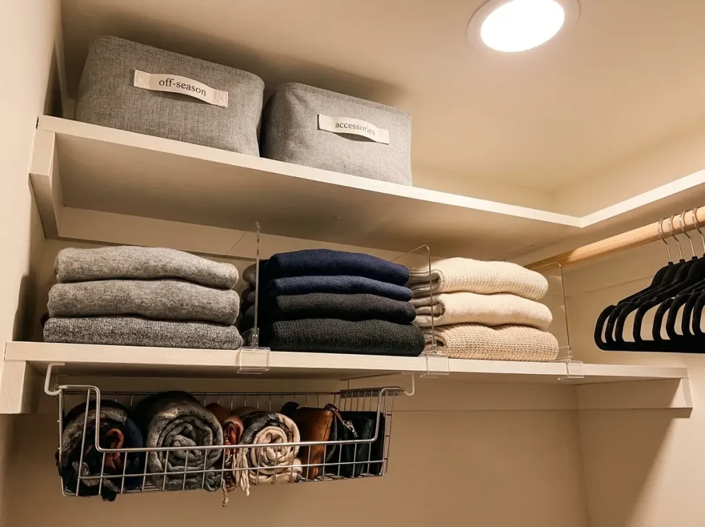 Closet shelf with acrylic dividers holding sweater stacks and under-shelf basket