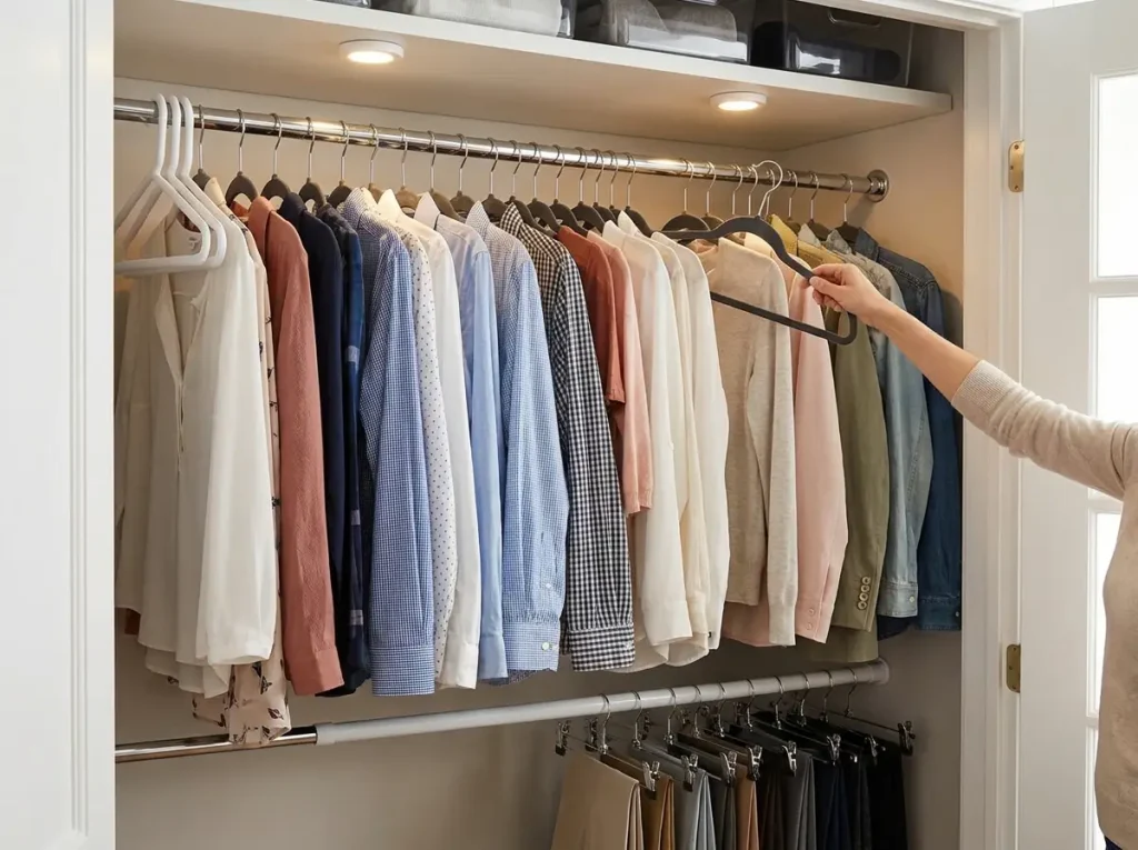 Slim velvet hangers on closet rod with visible space between garments