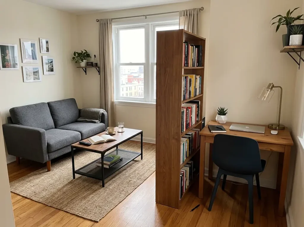 Small living room dual-purpose layout with sofa zone and WFH desk zone visible