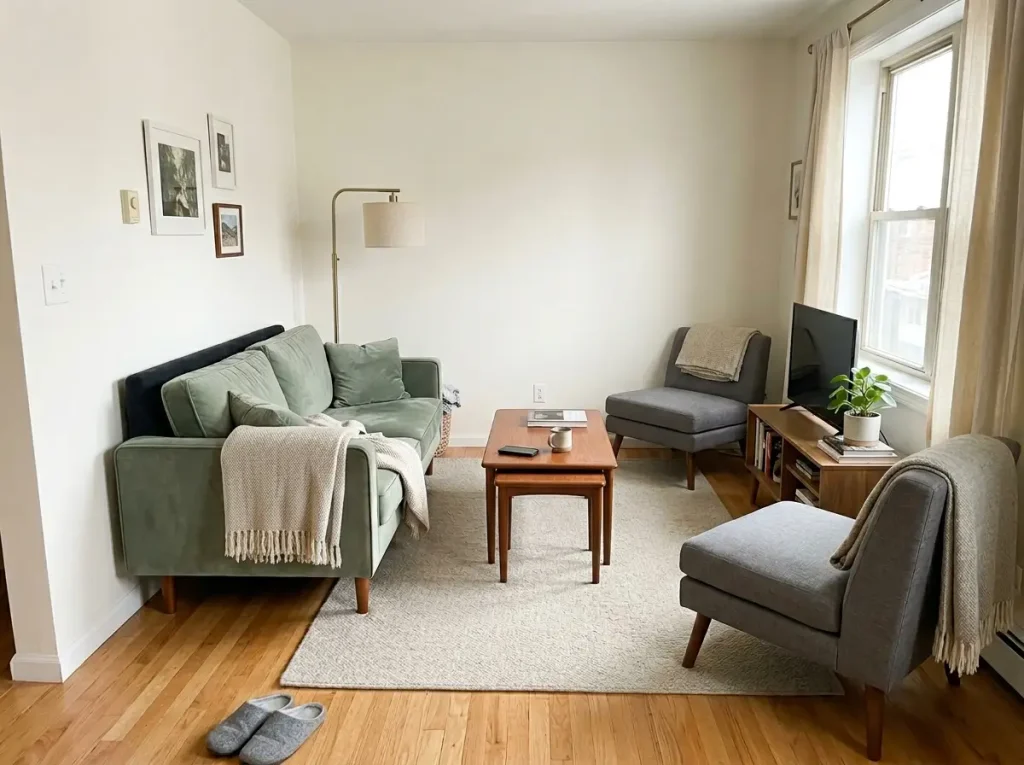 Small living room with sofa floated away from wall showing breathing room behind