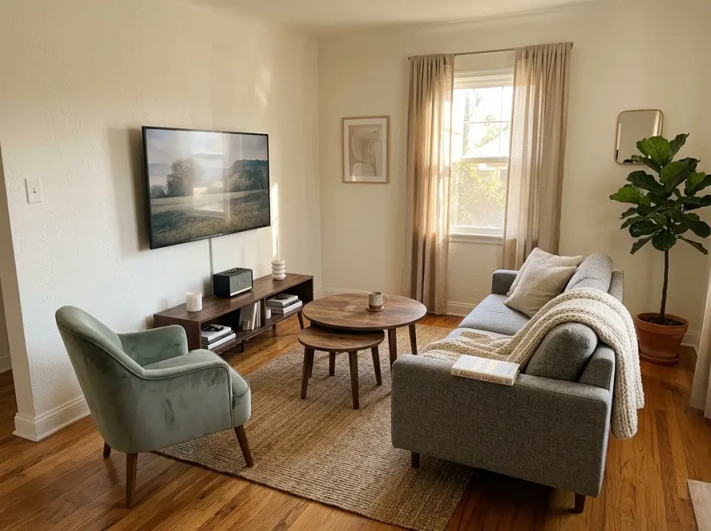 Small living room seating arranged around a TV focal point wall