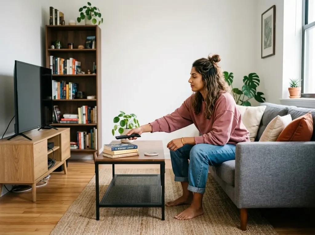 Woman on sofa in small apartment living room reaching for TV remote, focal point layout
