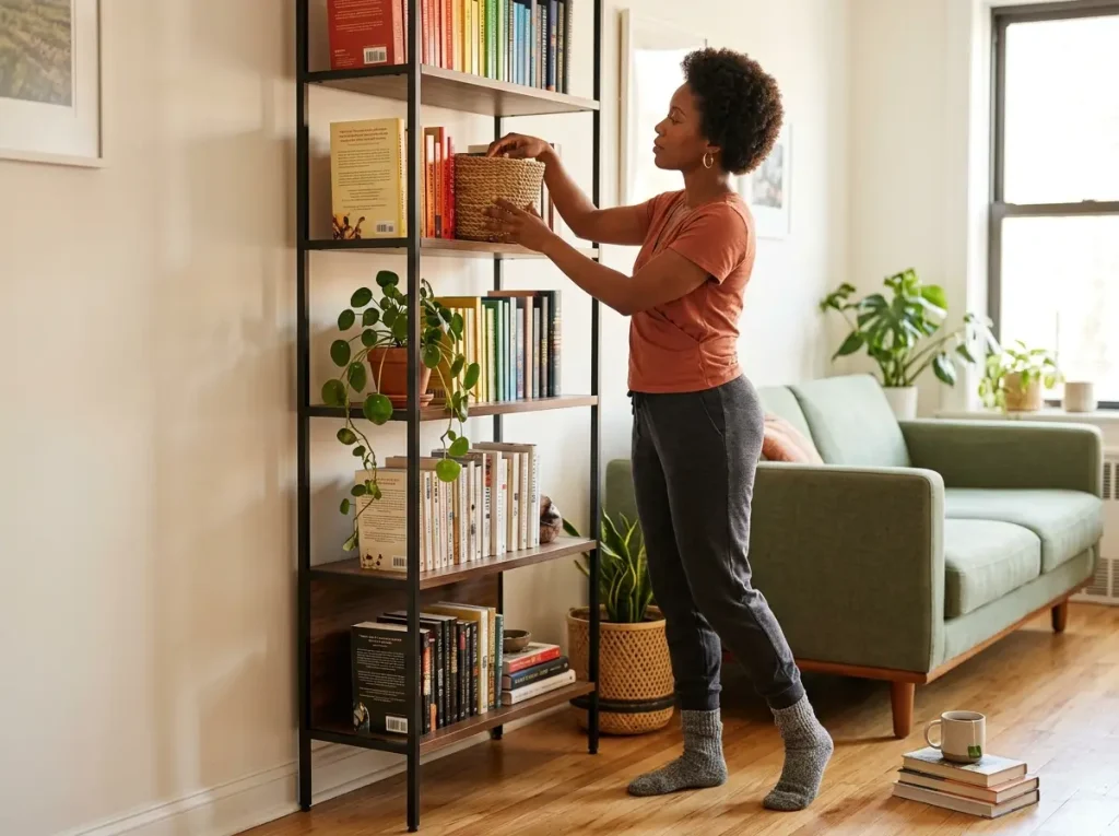 African American woman organizing freestanding bookshelf in small living room