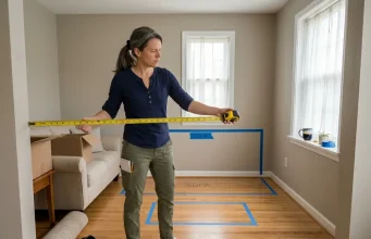 9 Small Living Room Layout Rules That Actually Work Woman measuring small living room for furniture arrangement with tape in hand