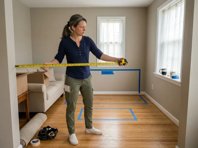 Woman measuring small living room for furniture arrangement with tape in hand