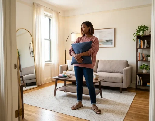 Why Your Small Living Room Feels Cramped (and the Fix) Small living room arranged to look bigger — floating sofa, large area rug, leaning mirror near window