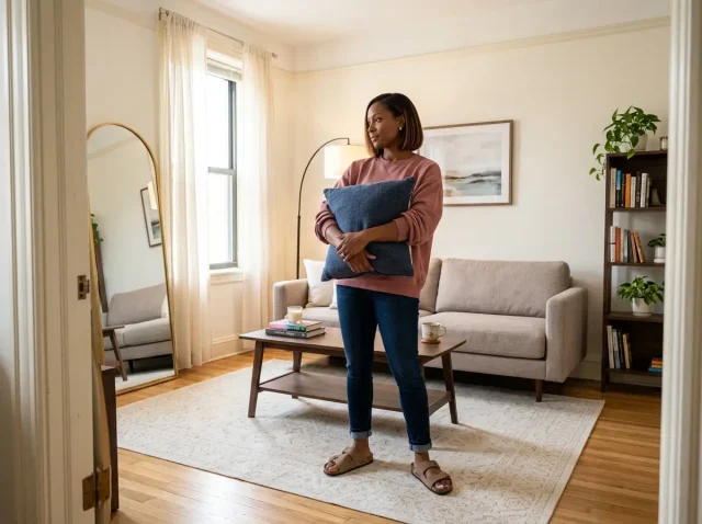 Small living room arranged to look bigger — floating sofa, large area rug, leaning mirror near window