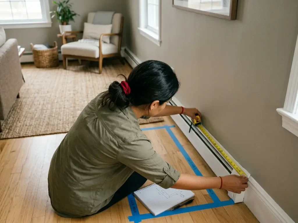 Hands measuring small living room wall with tape measure before furniture arrangement